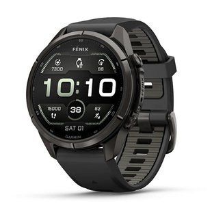 Смарт-годинник Garmin Fenix 9 Pro (43 мм) inReach з титановим корпусом Carbon Gray DLC і чорно-сірим силіконовим ремінцем