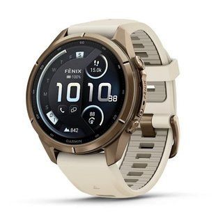 Смарт-годинник Garmin Fenix 9 Pro (43 мм) inReach з титановим корпусом Autumn Gold і кремово-сірим силіконовим ремінцем