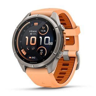 Смарт-годинник Garmin Fenix 9 Pro (43 мм) inReach з титановим корпусом і рожево-помаранчевим силіконовим ремінцем