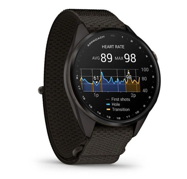 Смарт-годинник Garmin Approach S72 (43 мм) з титановим безелем Carbon Gray/Heritage Bronze DLC і тканинним ремінцем ComfortFit Pebble Grey