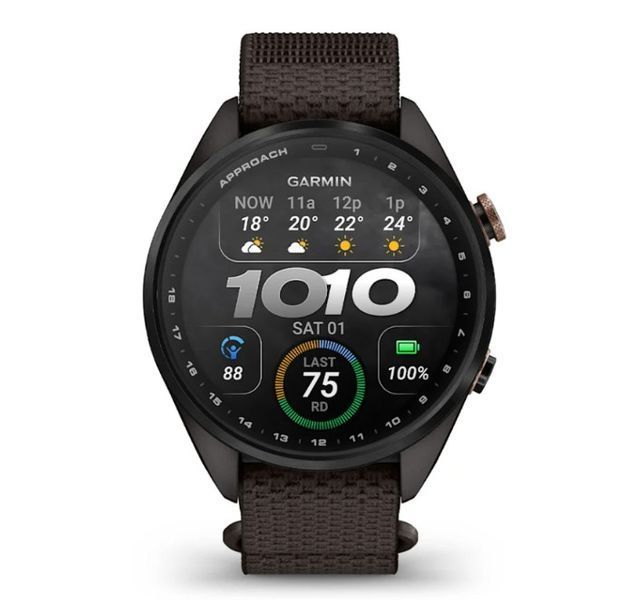 Смарт-годинник Garmin Approach S72 (43 мм) з титановим безелем Carbon Gray/Heritage Bronze DLC і тканинним ремінцем ComfortFit Pebble Grey