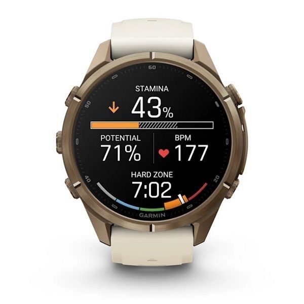 Смарт-годинник Garmin Fenix 9 Pro (43 мм) з титановим корпусом Autumn Gold і кремово-сірим силіконовим ремінцем
