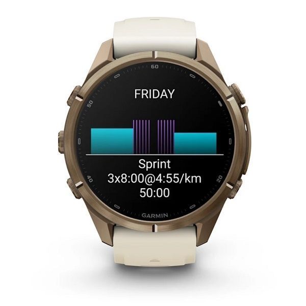 Смарт-годинник Garmin Fenix 9 Pro (43 мм) з титановим корпусом Autumn Gold і кремово-сірим силіконовим ремінцем