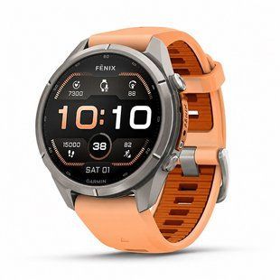 Смарт-часы Garmin Fenix 9 Pro (43 мм) с титановым корпусом и розово-оранжевым силиконовым ремешком