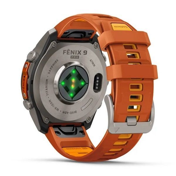 Смарт-годинник Garmin Fenix 9 Pro (47 мм) inReach з титановим корпусом і яскраво-помаранчевим силіконовим ремінцем