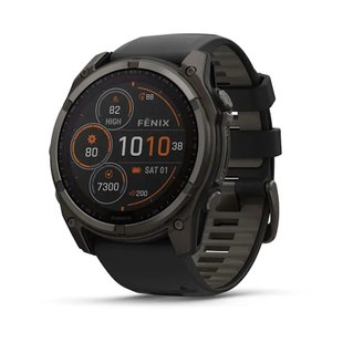 Смарт-годинник Garmin Fenix 8 – 51 мм, Solar Sapphire, титан з DLC-покриттям Carbon Gray та силіконовим ремінцем чорного/сірого кольору 010-02907-11 фото