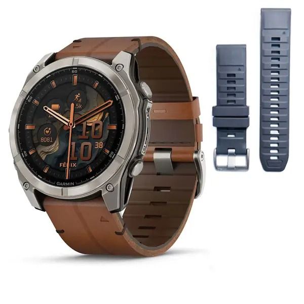 Смарт-годинник Garmin Fenix 8 – 51 мм, AMOLED Sapphire, титан з DLC-покриттям Carbon Gray та каштановим шкіряним ремінцем 010-02905-40 фото