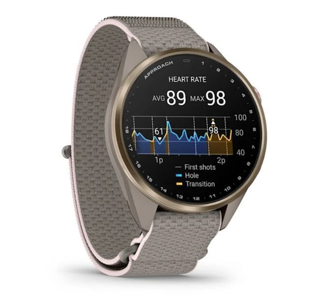 Смарт-часы Garmin Approach S72 (43 мм) с титановым безелем Soft Gold/Blush Pink и тканевым ремешком ComfortFit French Grey/Blush Pink