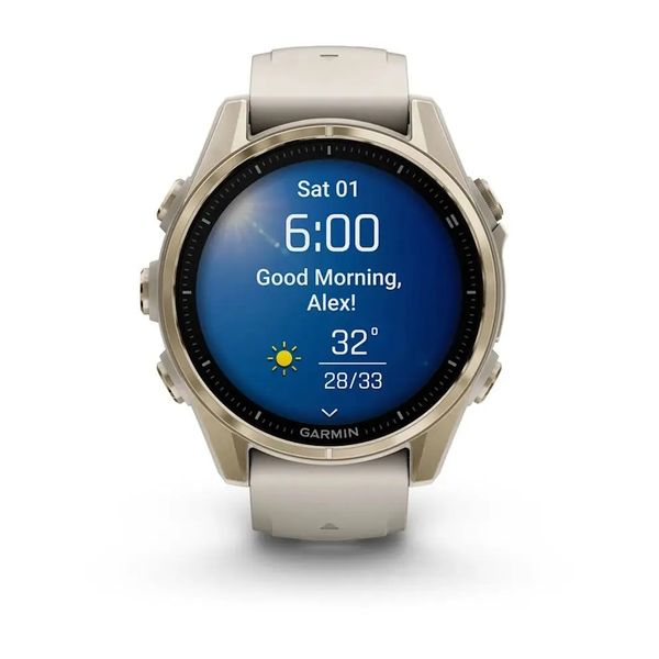 Смарт-часы Garmin Fenix 8 – 43 мм, AMOLED Sapphire, золотистые с силиконовым ремешком цвета туманный серый/темный песчаник 010-02903-11 фото