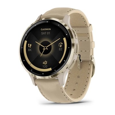 Смарт-годинник Garmin Venu 3s, золотистий сталевий безель з корпусом французького сірого кольору та шкіряним ремінцем 010-02785-55 фото