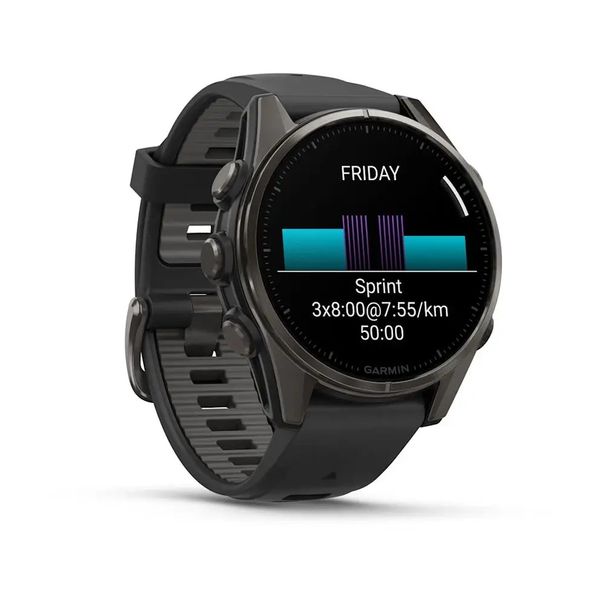 Смарт-годинник Garmin Fenix 8 – 43 мм, AMOLED Sapphire, титан з DLC-покриттям Carbon Gray та силіконовим ремінцем чорного/сірого кольору 010-02903-21 фото