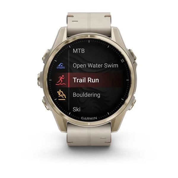 Смарт-годинник Garmin Fenix 8 – 43 мм, AMOLED Sapphire, золотистий зі шкіряним ремінцем кольору сірий вапняк 010-02903-40 фото