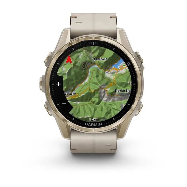 Смарт-годинник Garmin Fenix 8 – 43 мм, AMOLED Sapphire, золотистий зі шкіряним ремінцем кольору сірий вапняк 010-02903-40 фото