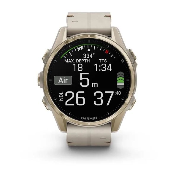 Смарт-годинник Garmin Fenix 8 – 43 мм, AMOLED Sapphire, золотистий зі шкіряним ремінцем кольору сірий вапняк 010-02903-40 фото